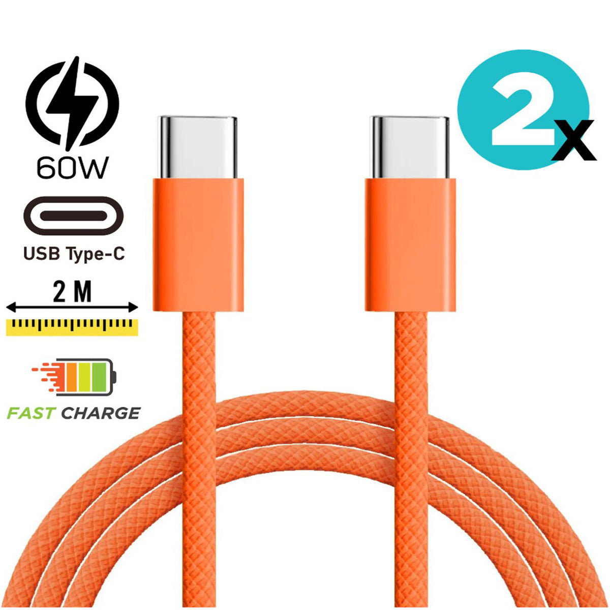 USB-C naar USB-C Kabel 60W 2M Oranje – 2 Stuks – productfoto
