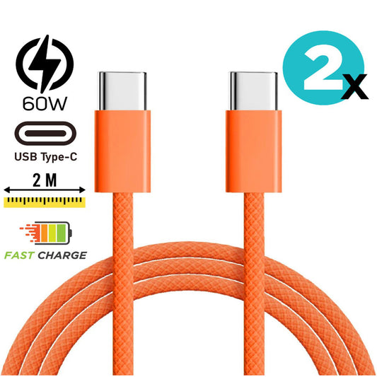 USB-C naar USB-C Kabel 60W 2M Oranje – 2 Stuks