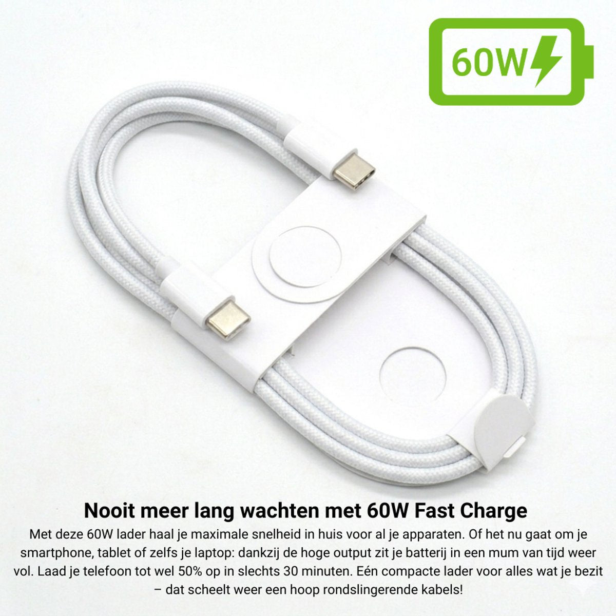 USB-C naar USB-C Kabel 60W 2M Wit – 2 Stuks