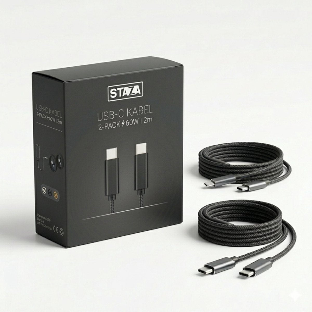 USB-C naar USB-C Kabel 60W 2M Wit – 2 Stuks
