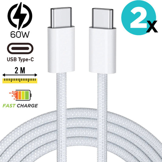 USB-C naar USB-C Kabel 60W 2M Wit – 2 Stuks
