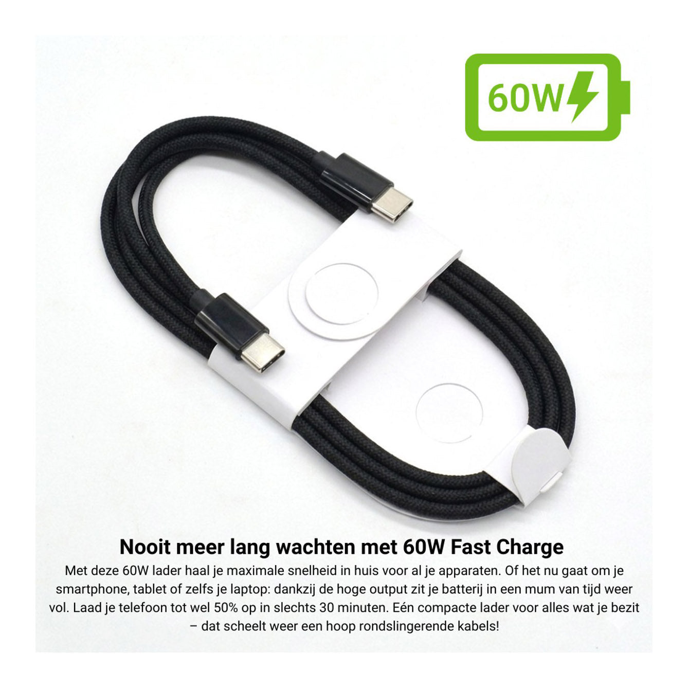 USB-C naar USB-C Kabel 60W 2M – 2 Stuks Nylon Zwart