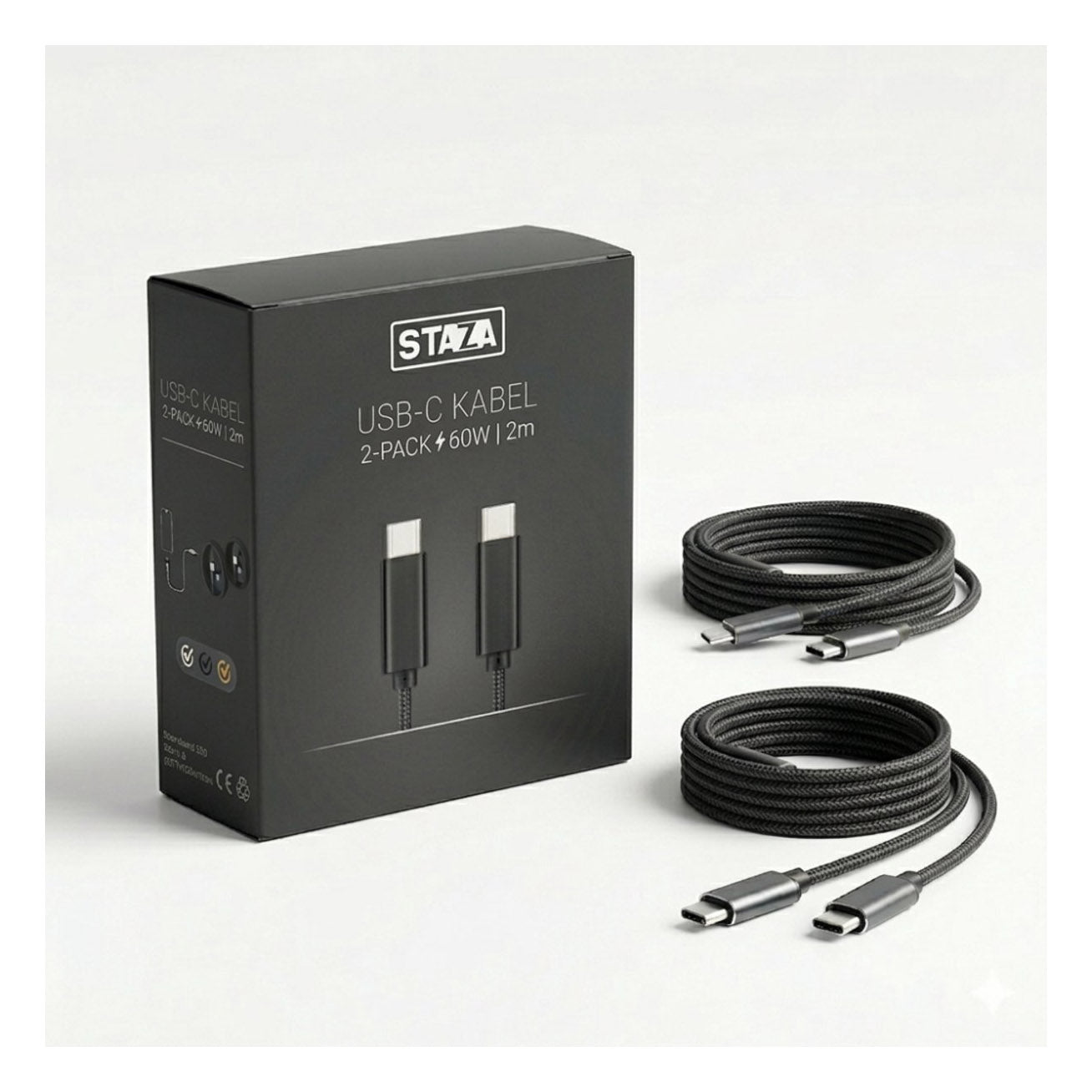 USB-C naar USB-C Kabel 60W 2M – 2 Stuks Nylon Zwart