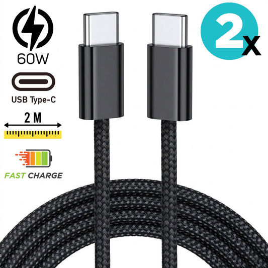USB-C naar USB-C Kabel 60W 2M – 2 Stuks Nylon Zwart