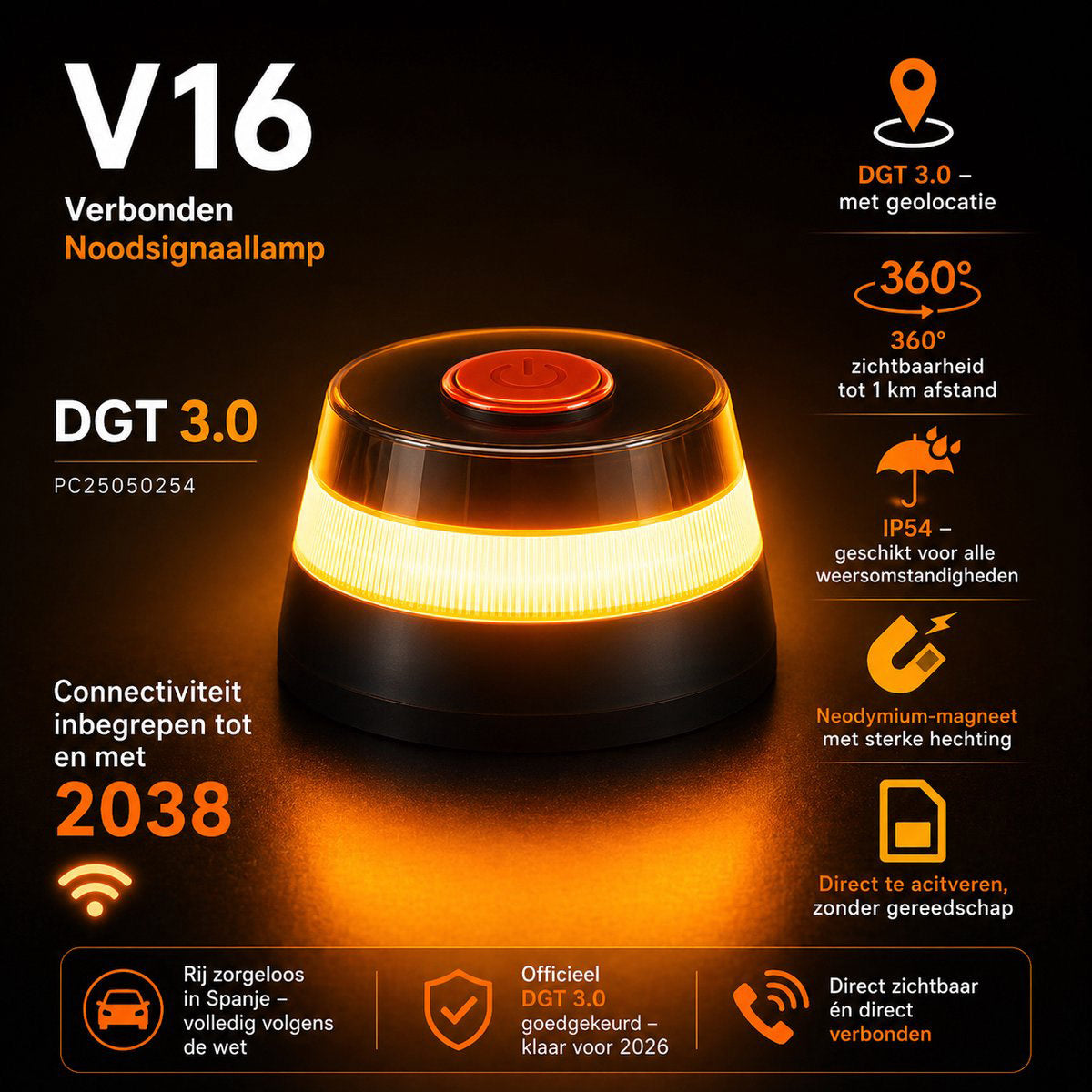 V16 Alarmlicht Spanje DGT 3.0 met GPS & SIM t/m 2038