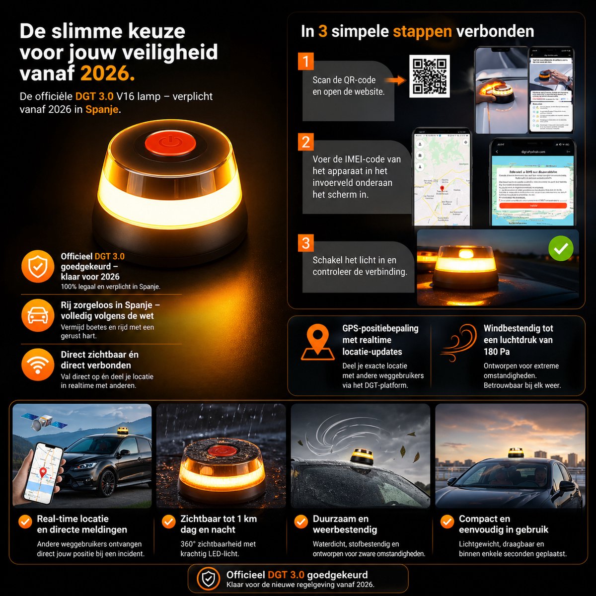 V16 Alarmlicht Spanje met GPS & SIM – DGT 3.0