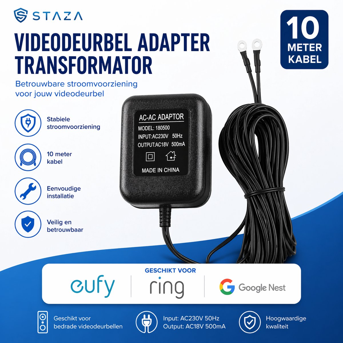 Videodeurbel Adapter 18V – 10M voor Ring, Eufy & Nest