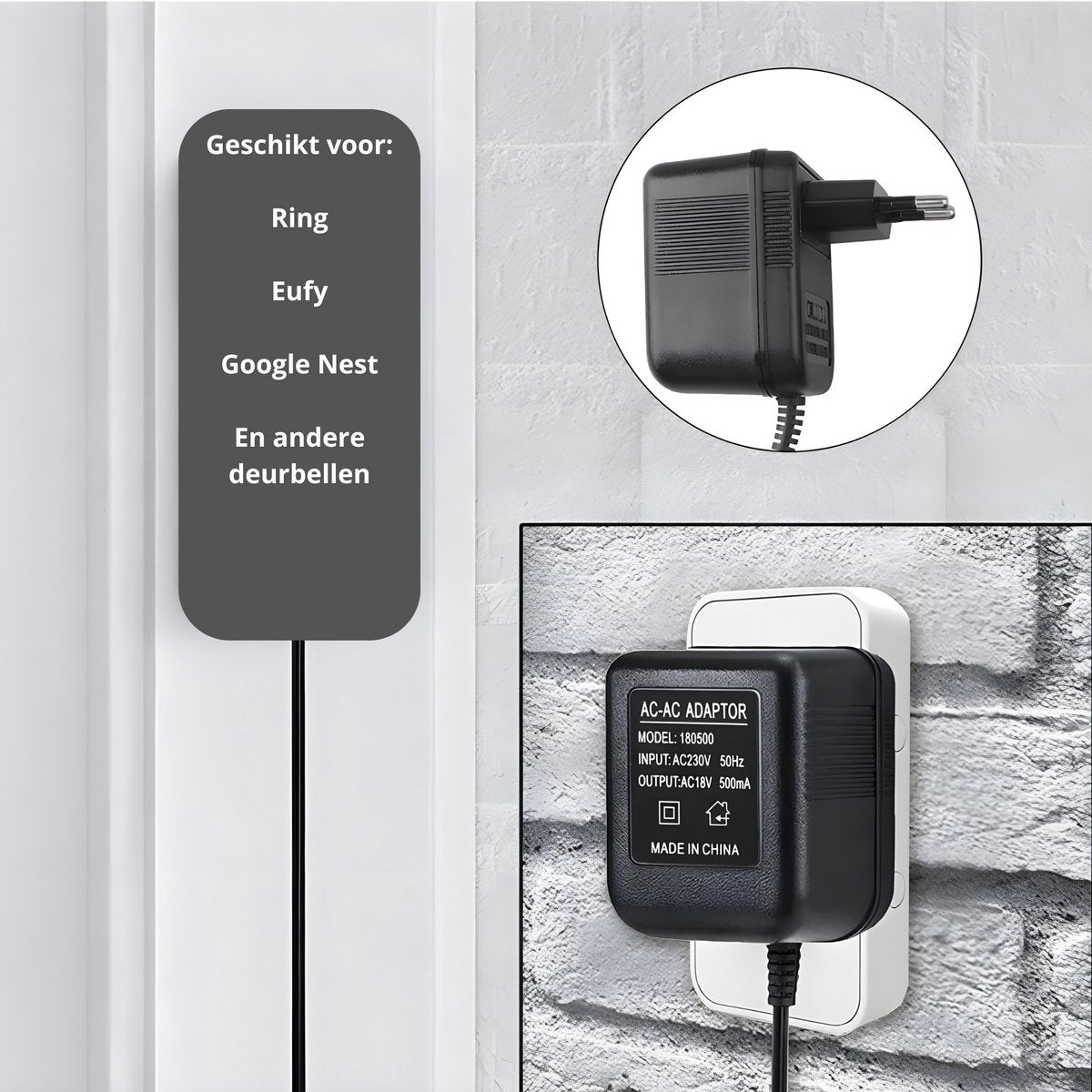 Videodeurbel Adapter 18V – 10M voor Ring, Eufy & Nest