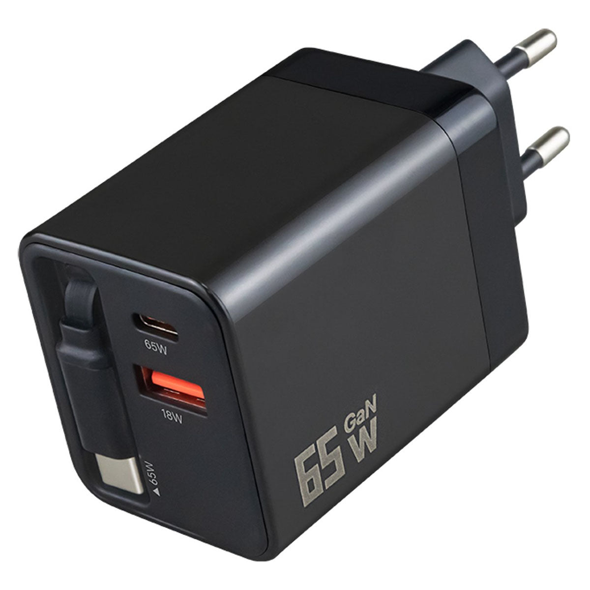 65W USB-C Snellader GaN met Intrekbare Kabel Zwart