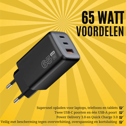 65W GaN Snellader 3-Poorts USB-C & USB-A Zwart